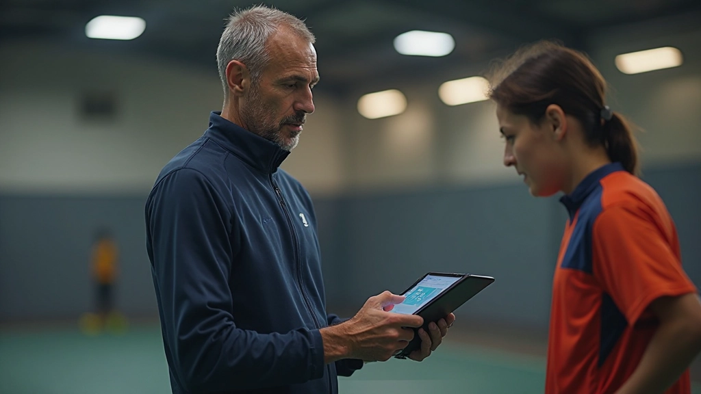 Athletic coach analyzing player performance metrics on tablet during handball training