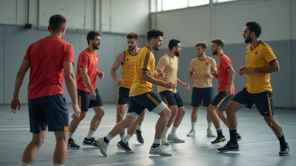 Team handball players executing coordinated defensive formation during practice