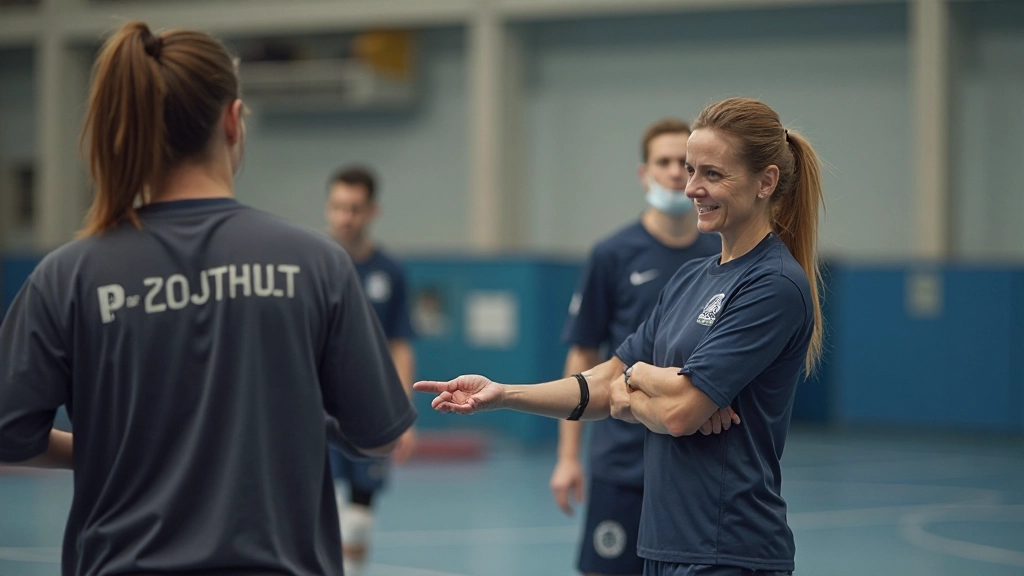 Team handball coach instructing players during tactical training session