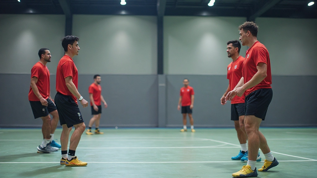 Handball defensive formation drill with players in structured positioning