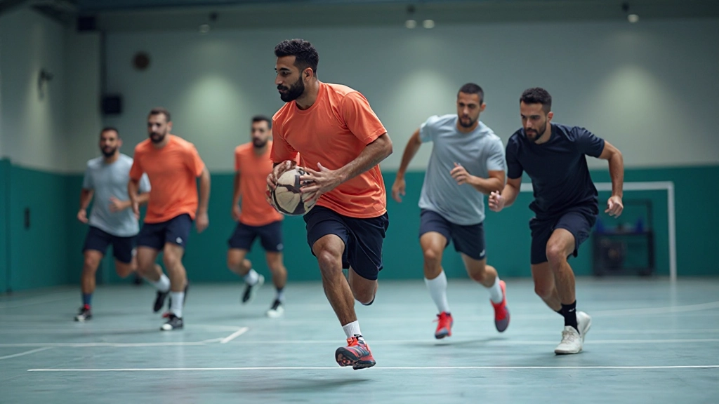 Team handball players performing interval training drills on indoor court with measured distances