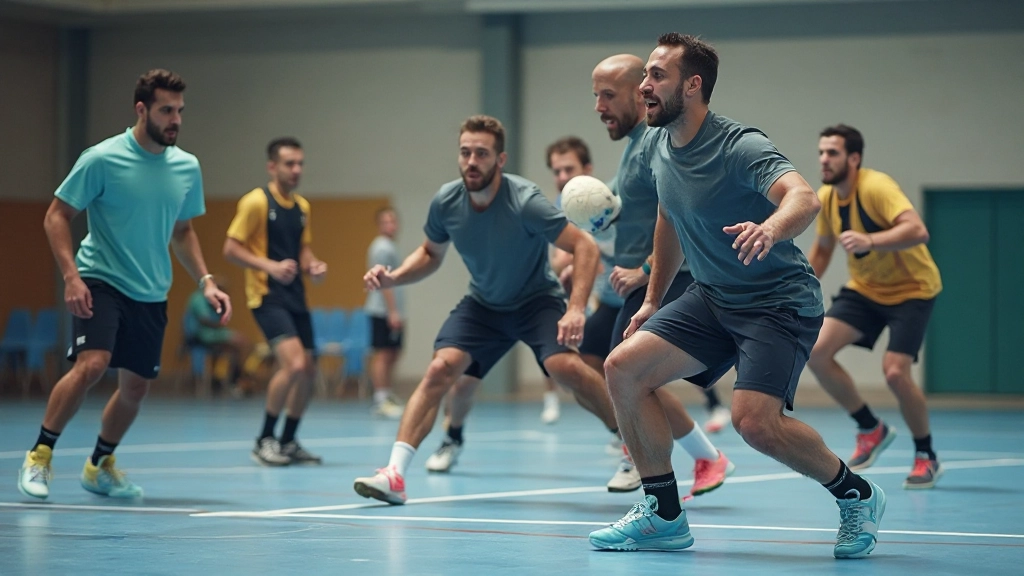 Handball team practicing defensive formation and positioning drills