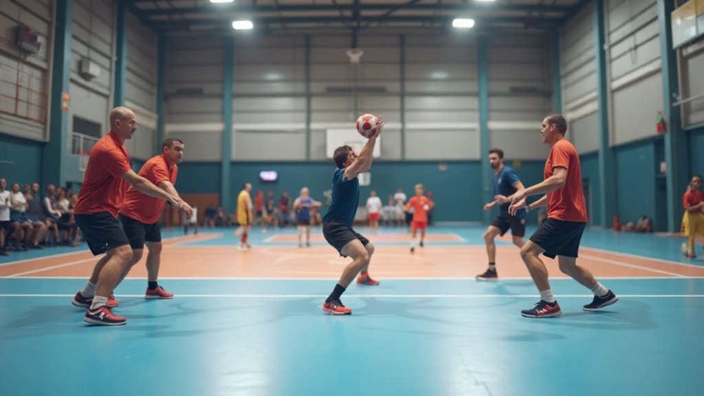 Handball players demonstrating zone defensive formation during practice drill