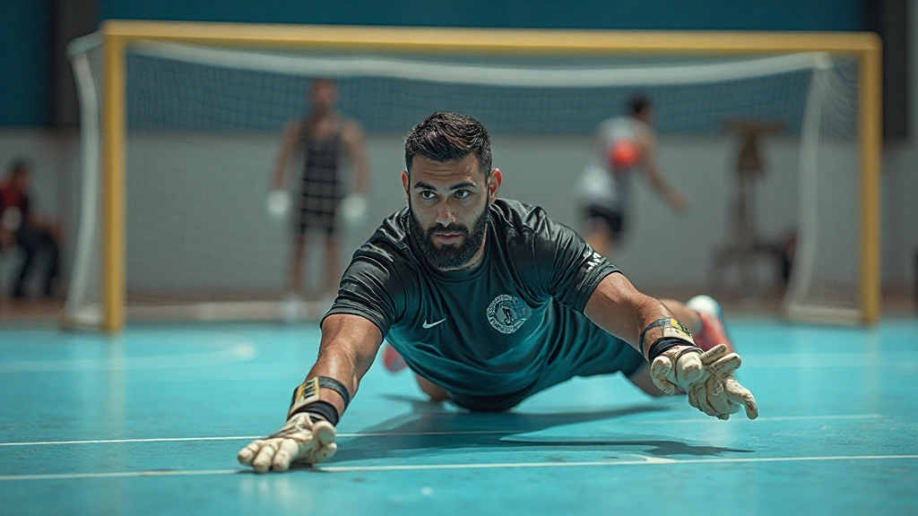 Goalkeeper executing diving save during handball training session