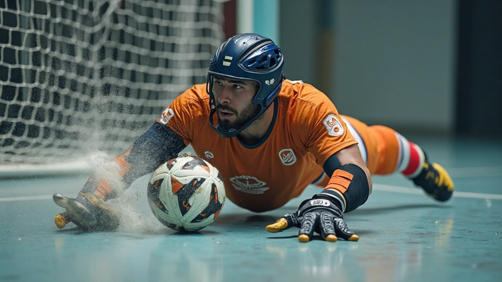 Handball goalkeeper demonstrating save technique during training with incoming ball