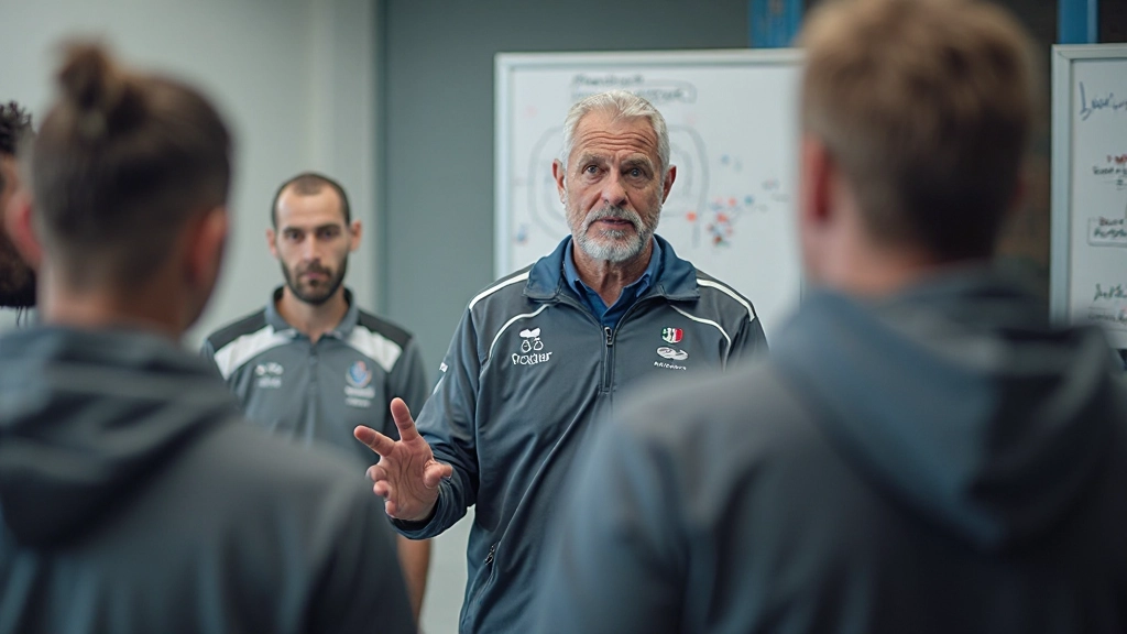 Handball coach analyzing tactical coordination strategy with team during training session review