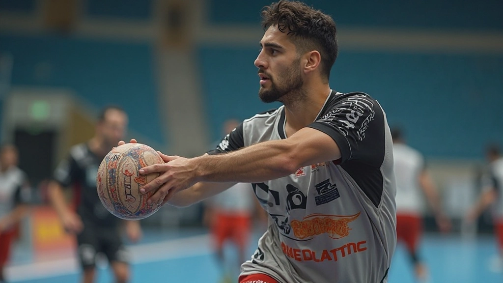 Professional handball player demonstrating shooting technique with proper form