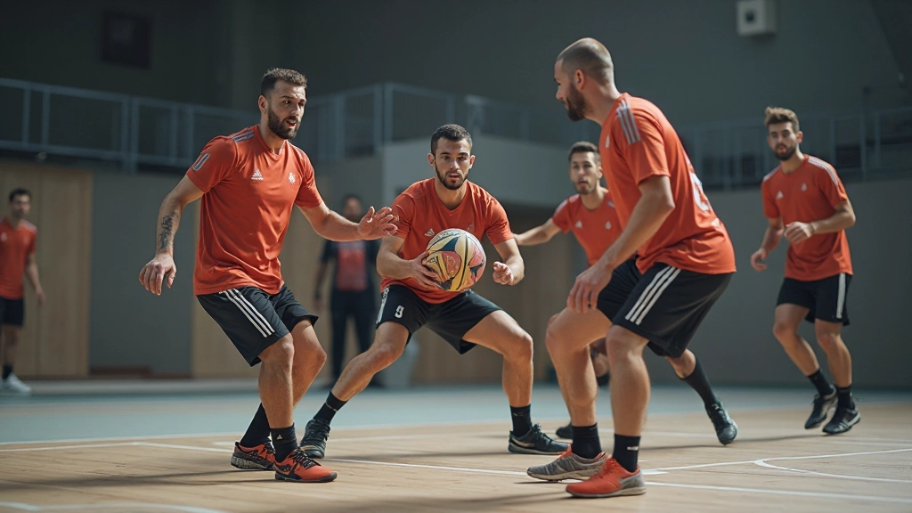 Handball team executing defensive formation drill with coordinated player positioning
